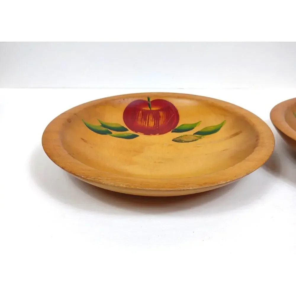 2 Vintage Hand Painted Solid Wood Salad Bowls Bowls Apple Leaf Design Signed 7